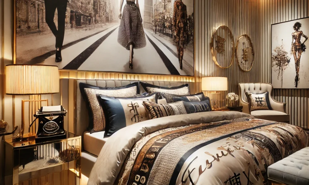 "A luxurious bedroom featuring fashion-inspired bedding with designer prints, silk pillowcases, and a stylish modern aesthetic, showcasing the latest runway-influenced bedding trends."