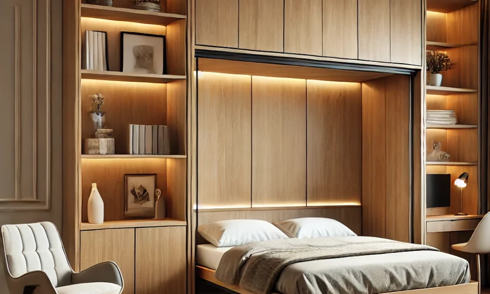 Foldable bed frame Murphy bed studio apartment cozy and minimalist