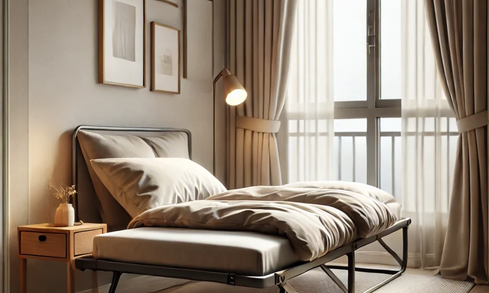 DALL·E 2025-03-20 12.18.51 – A cozy bedroom featuring a sleek single folding bed neatly tucked against the wall. The bed has a sturdy metal frame with a soft mattress, dressed in Tri-fold single folding bed sleeping option stored under a bed in a tidy room