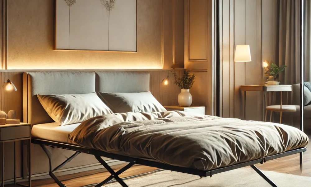 DALL·E 2025-03-26 02.30.24 – A stylish and modern foldable double bed in a cozy bedroom setting. The bed is neatly made with soft bedding, and the foldable frame is partially exte foldable double bed