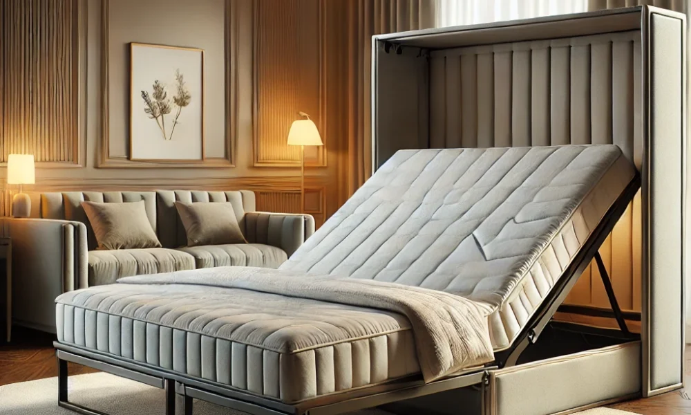 DALL·E 2025-03-27 17.22.23 – A realistic image of a queen-size foldable bed in a modern bedroom. The bed is partially folded to showcase its space-saving functionality. It has a s folding queen bed