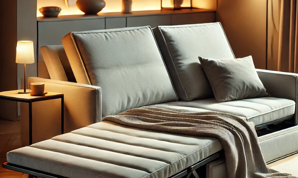 Modern living room featuring a folding couch bed extended for sleeping, styled with soft lighting and cozy decor.