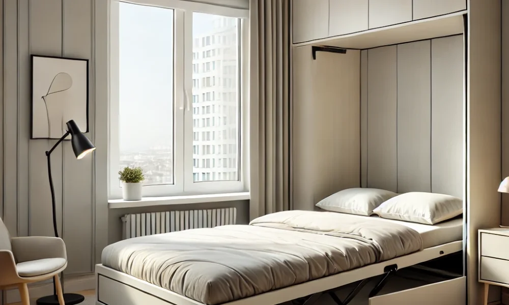 DALL·E 2025-04-07 04.47.23 – A modern, compact guest room featuring a stylish foldable bed frame in the down position. The room has light-colored walls, minimalistic decor, a smal foldable bed frame in a compact guest room setup