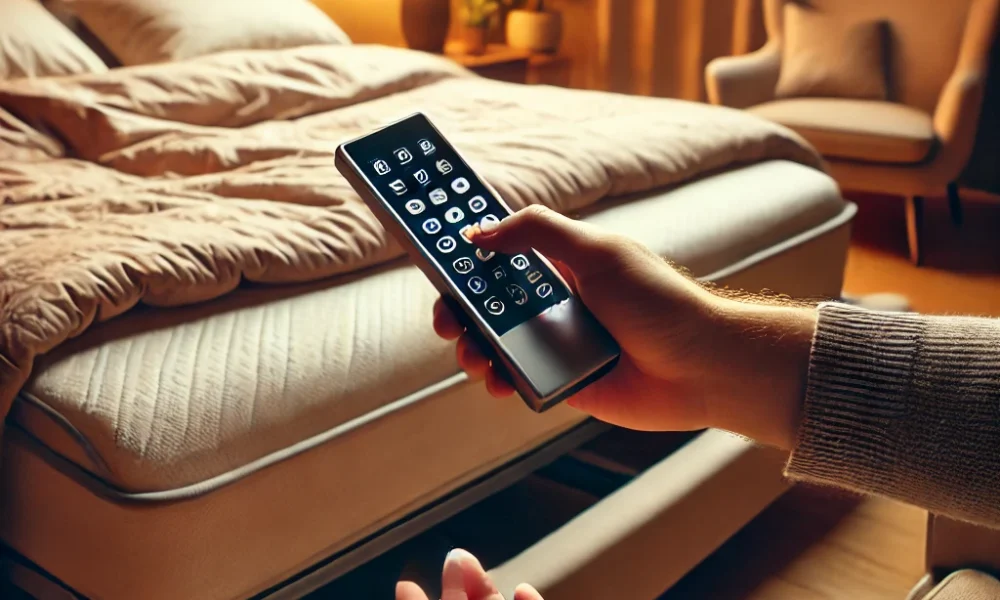 Person adjusting bed base with remote to elevate upper body for sleeping on an incline bed