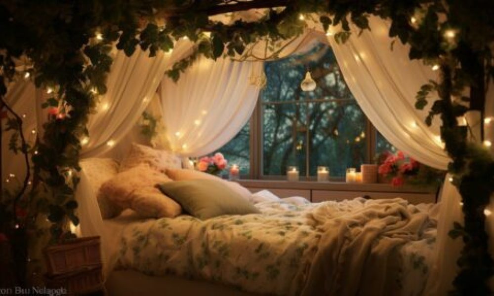 Decor-Themes-for-Canopy-Beds Nature-inspired decor themes for canopy beds with greenery, fairy lights, and soft layered bedding.