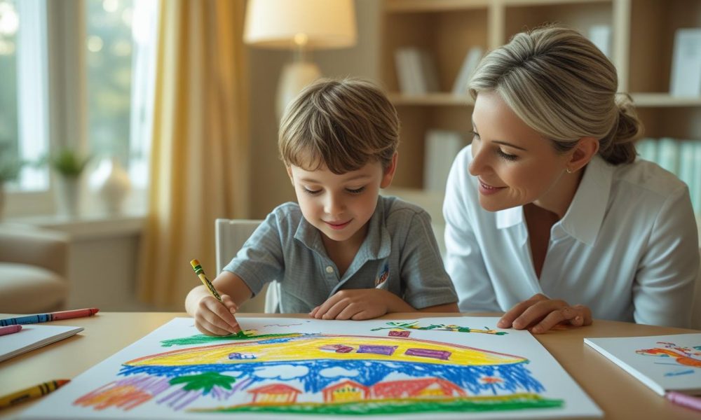 Kids Sleep Psychology – therapist guiding a child through dream therapy using drawings and calming conversation