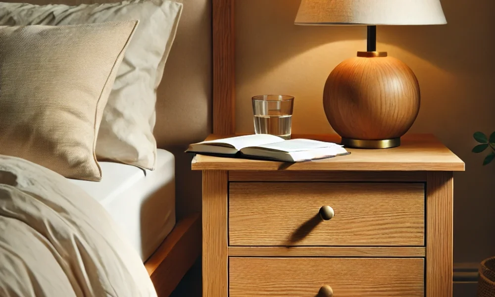 Oak nightstand beside cozy bed – durable nightstands materials