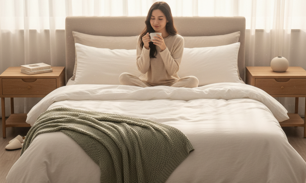 “Cozy bedroom with duvet on one side and comforter on the other, woman drinking tea on bed in soft morning light.”