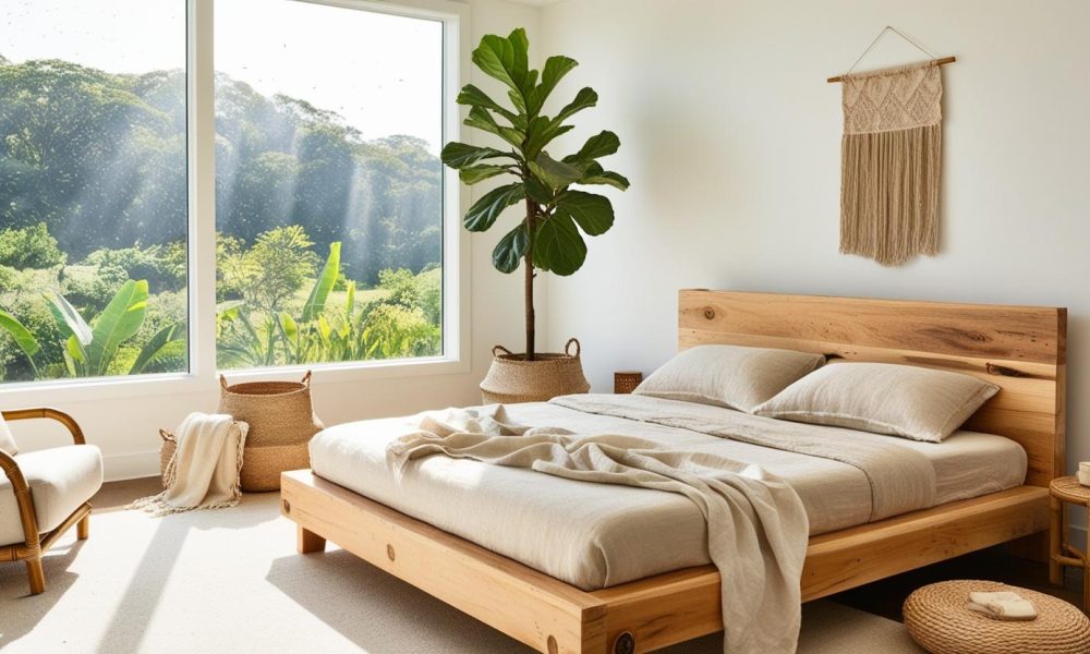 Eco Frienly 3 Eco friendly bed frame made of reclaimed wood in a cozy, sunlit bedroom with sustainable decor.