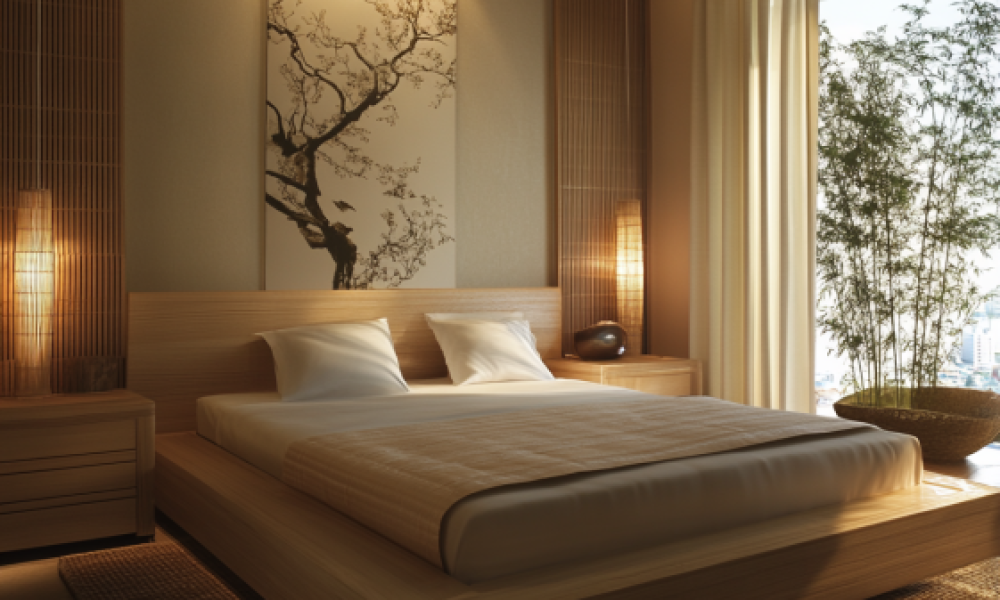A cozy, Feng Shui-aligned bedroom with soft lighting and balanced decor.