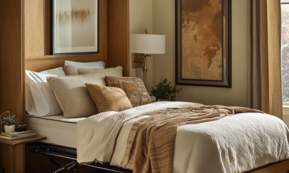 A fully extended fold away bed with mattress in a warm, inviting guest room. The bed is dressed with plush bedding and a throw pillow, with a reading lamp and framed artwork in the background, creating a welcoming space for overnight guests.