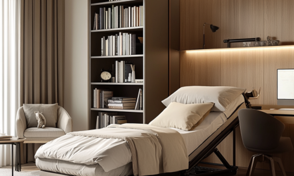 Fold up single bed stored in a home office guest room setup