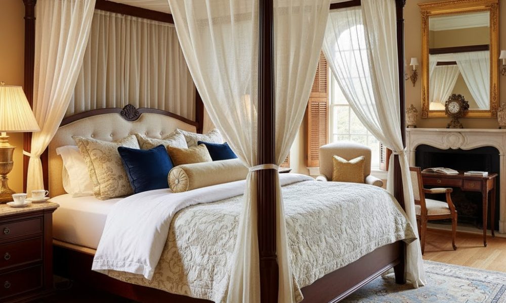 “This image shows a calm, modern bedroom to illustrate choosing a four-poster canopy bed as an elegant architectural centerpiece.”