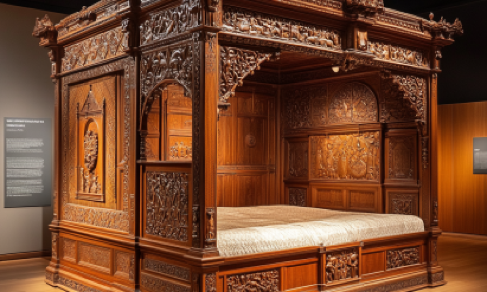 he Great Bed of Ware, a historic four-poster bed displayed in a museum.