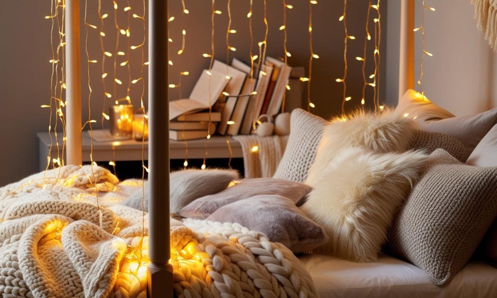 four poster bed decorated with fairy lights for cozy bedroom