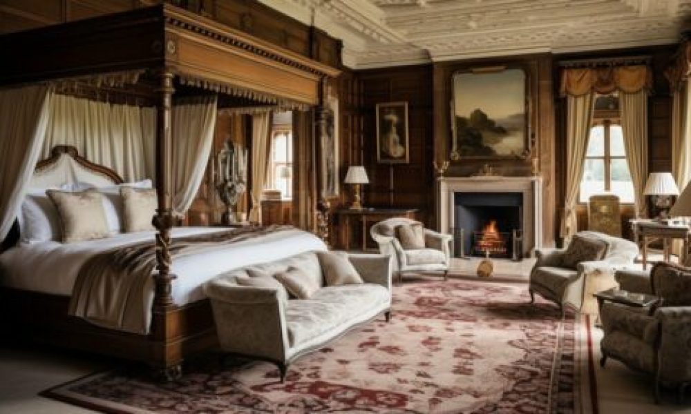 Luxurious traditional bedroom featuring a grand wooden four-poster bed with elegant drapery, classic furniture, a fireplace, and ornate decor, reflecting the timeless design and history of four-poster beds.