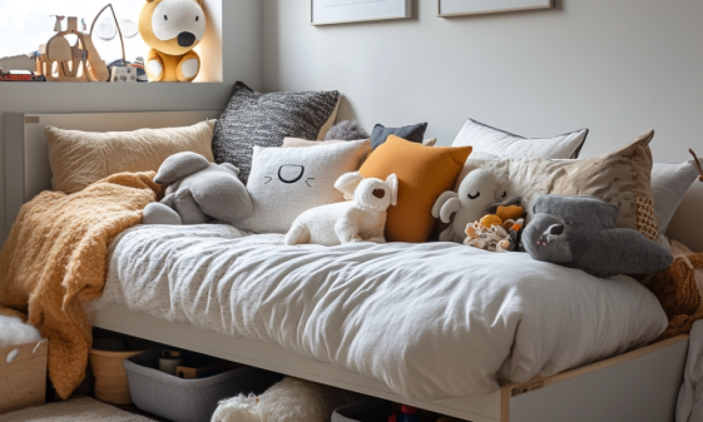 A stylish, low-profile full bed frame in a child's bedroom, featuring soft bedding, a plush rug, and toy storage underneath.