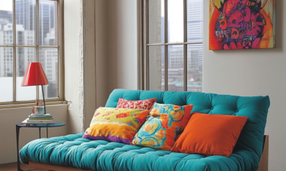 Futon 3 Convertible teal futons in a bright studio apartment.