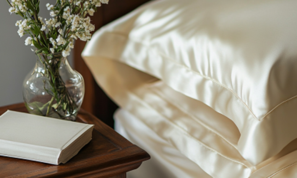 Luxury high-quality bedding essentials, featuring Egyptian cotton sheets and a silk pillowcase, arranged with fresh flowers on a wooden nightstand.