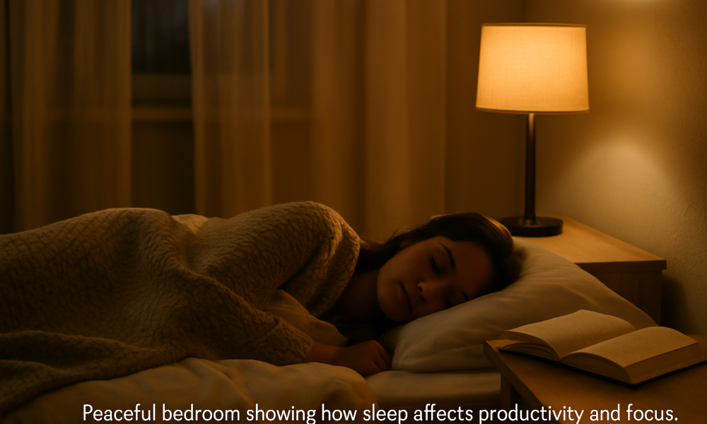 Peaceful bedroom at night showing how sleep affects productivity and focus with cozy lighting and a book on the nightstand.