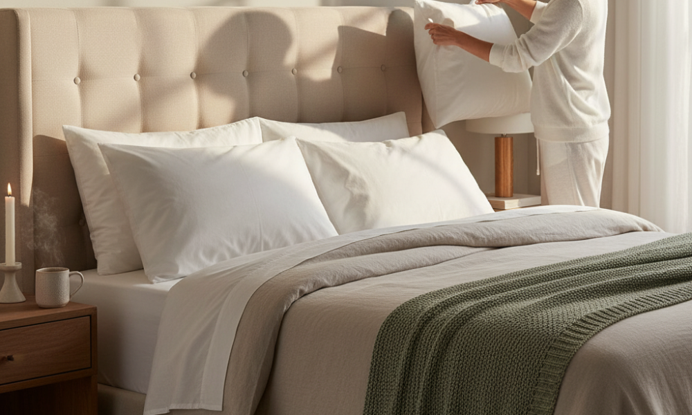 “Bright bedroom with layered bedding and three white Euro shams on a tufted headboard, styled with a sage green throw and warm morning light.”