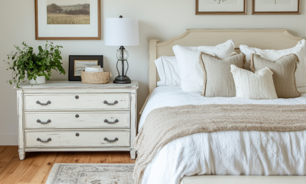 Ivory night stand with books and lamp next to a luxury wooden bed frame