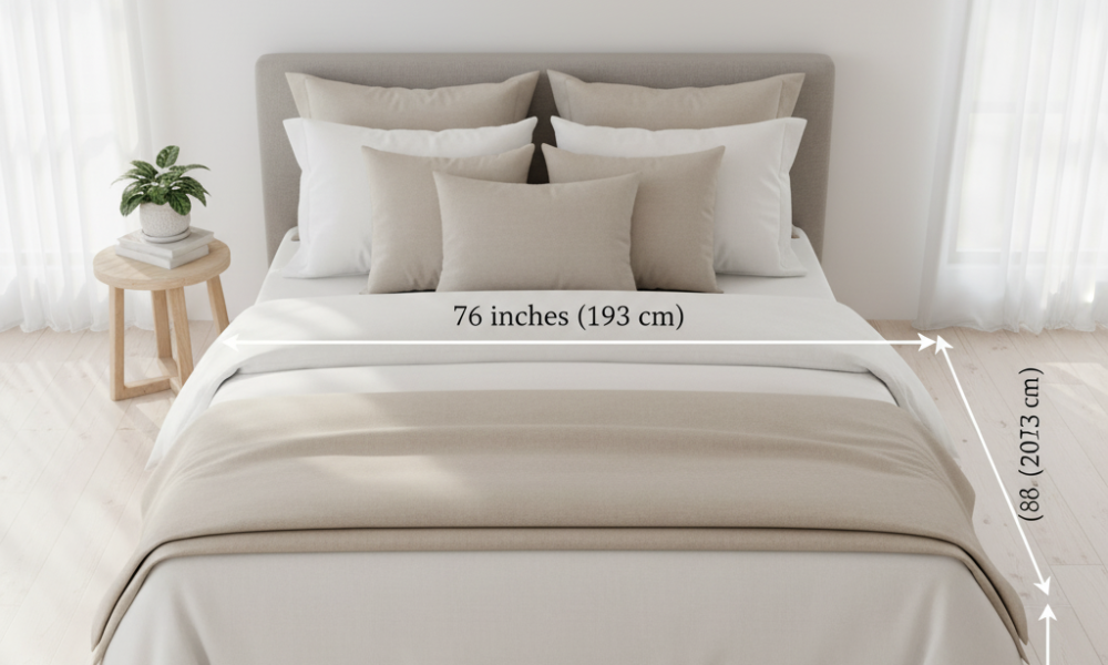 Chart comparing king size bed measurements with California king and queen bed dimensions side by side.