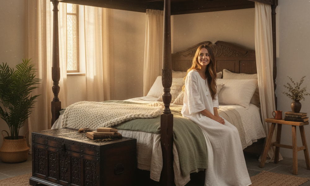 ride in linen nightgown on medieval-inspired bed with sage throw and warm morning sunlight.