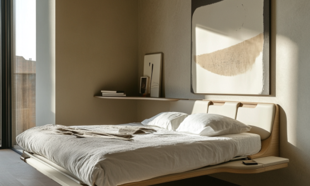 Minimalist bedroom decor featuring neutral tones, soft white, and beige for a calming atmosphere.