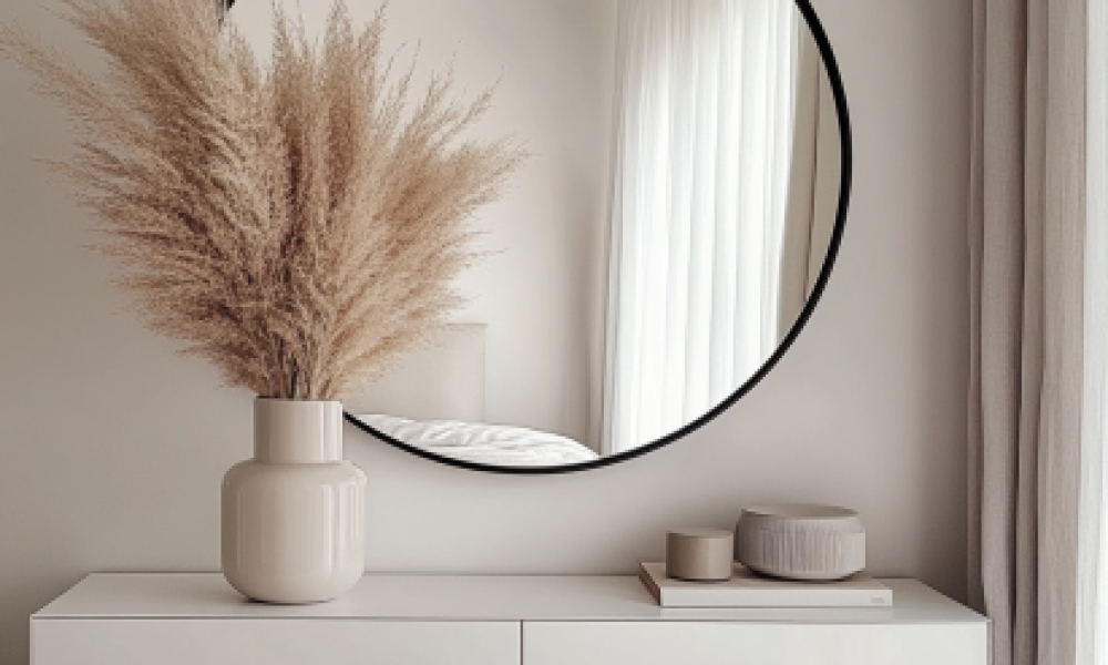 "Bedroom mirror placement featuring a round mirror above a white dresser in a minimalist bedroom."