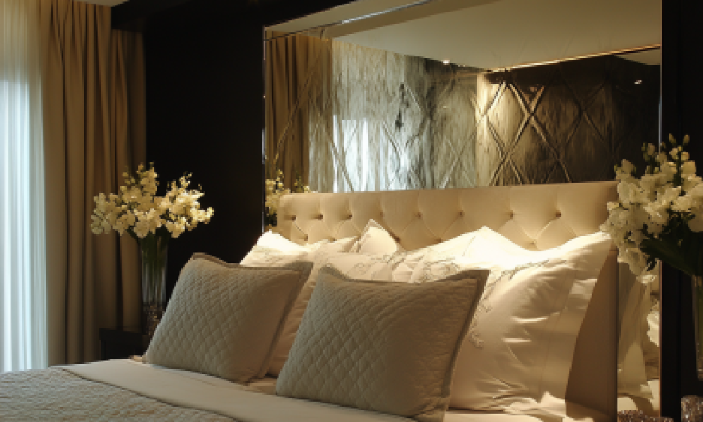 Luxurious bedroom mirror ideas showcasing a mirrored headboard paired with elegant decor