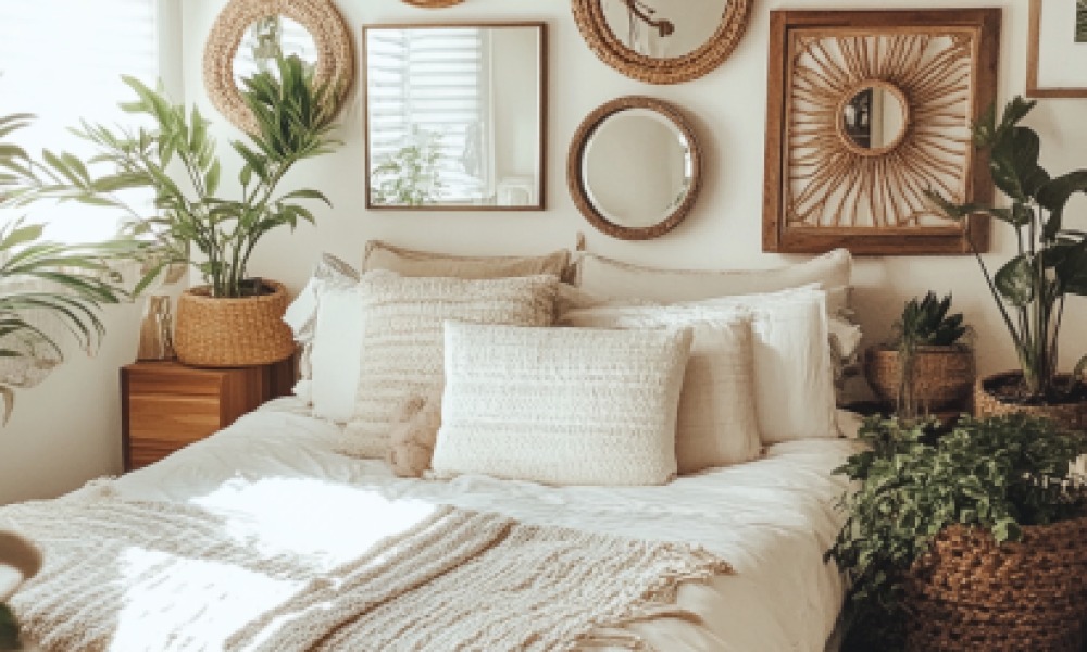 Bedroom mirrors gallery wall reflecting natural light in a boho-style bedroom.