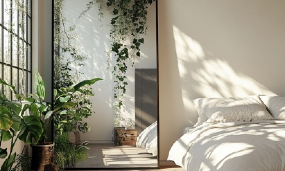 Full-Length Mirrors in Bedroom Design near a vanity table in a bedroom.