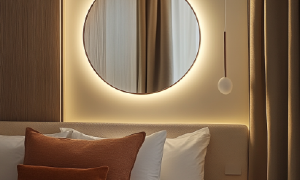 Round brass-framed mirror wall art reflecting a luxurious canopy bed.