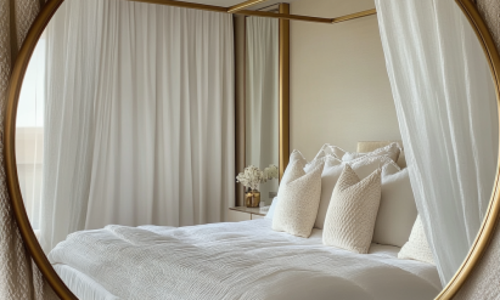 Rectangular Mirror Wall Art above a mid-century dresser with plants.
