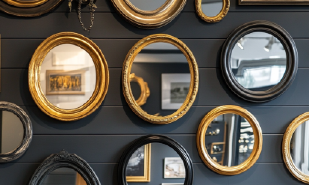 Mirror 5 "Gallery wall of mirrors showcasing creative mirror placement with varied gold, silver, and black frames."