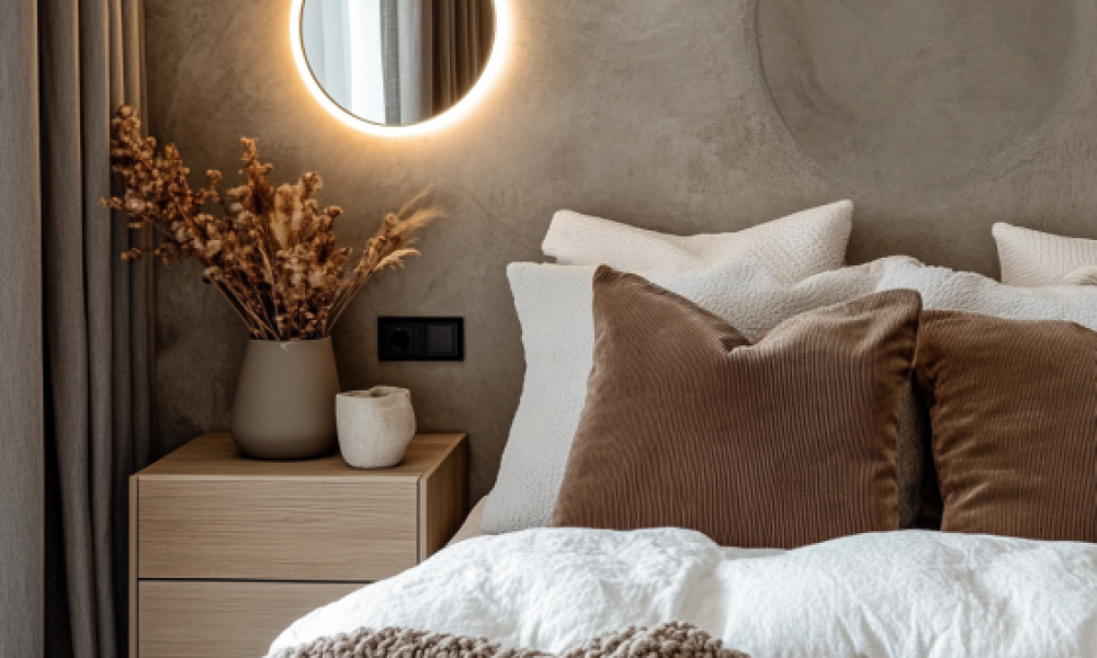 Modern bedroom decor with cozy accessories including velvet pillows and a knit throw