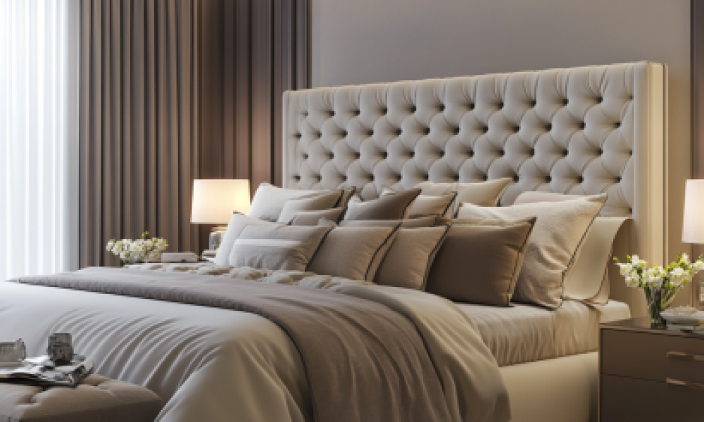 Modern bed types 2 "Upholstered bed with a tufted headboard, highlighting comfort in modern bed types."