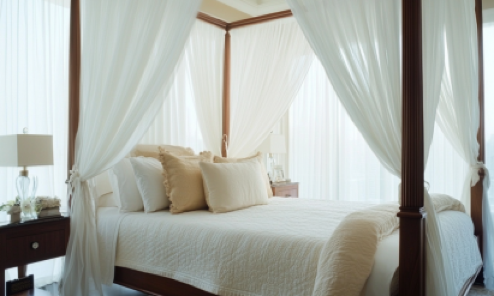 "Canopy bed with sheer drapery, a timeless design among modern bed types."
