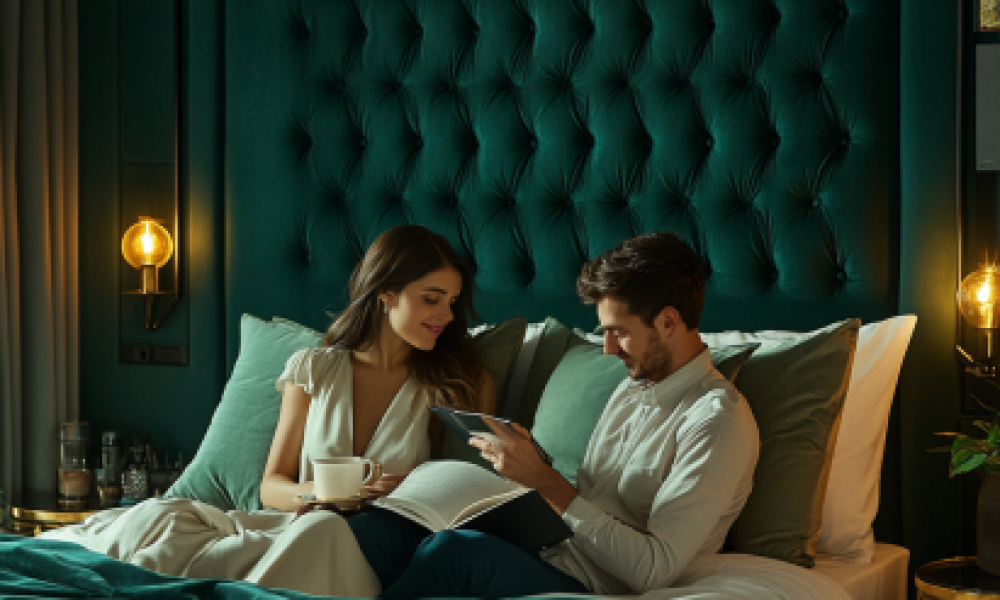 Modern velvet upholstered beds inalt text 1 Modern upholstered beds with tufted headboard in a cozy, elegant bedroom setting