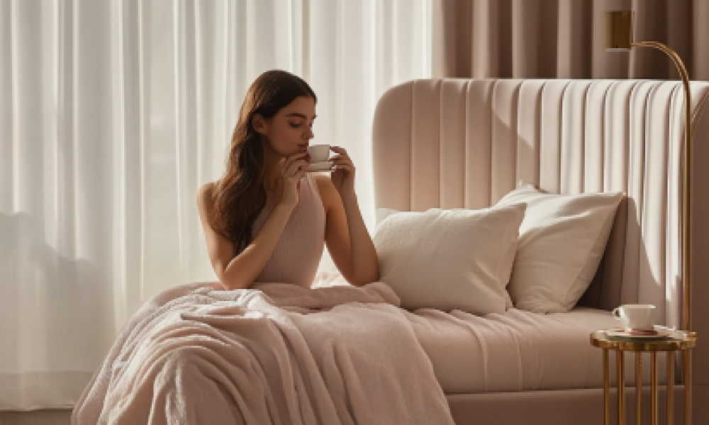 Tufted wingback velvet bed frame style in navy blue with elegant bedroom decor.
