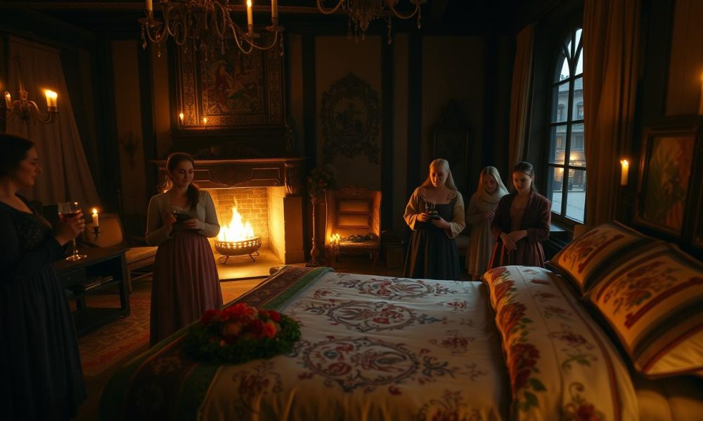 Medieval nobles witness nuptial bedding ceremonies in candlelit chamber with a canopy bed and rich decor.