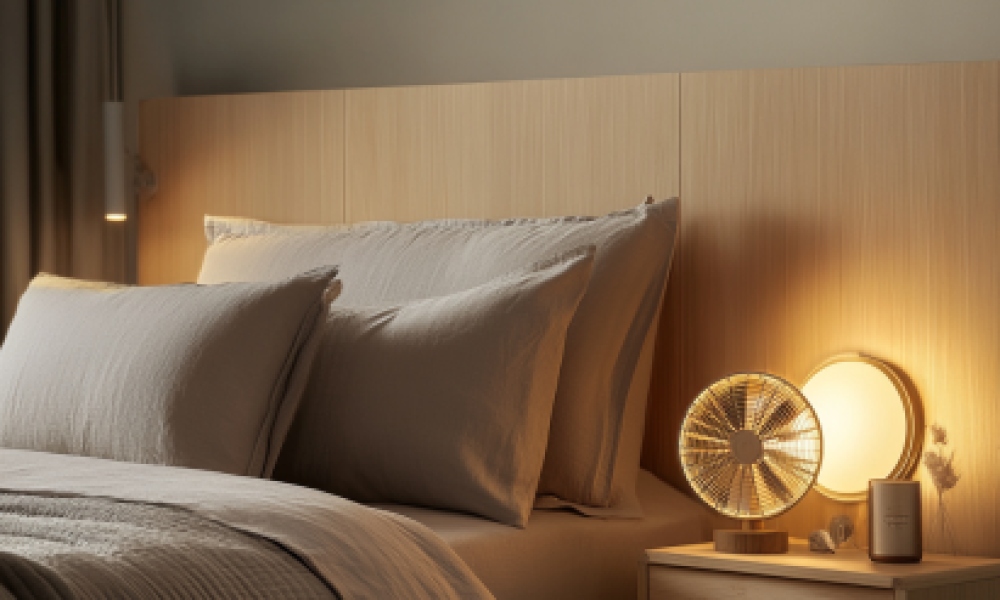 "Cozy bedroom with breathable bamboo sheets, warm lighting, and a bedside fan for temperature control."