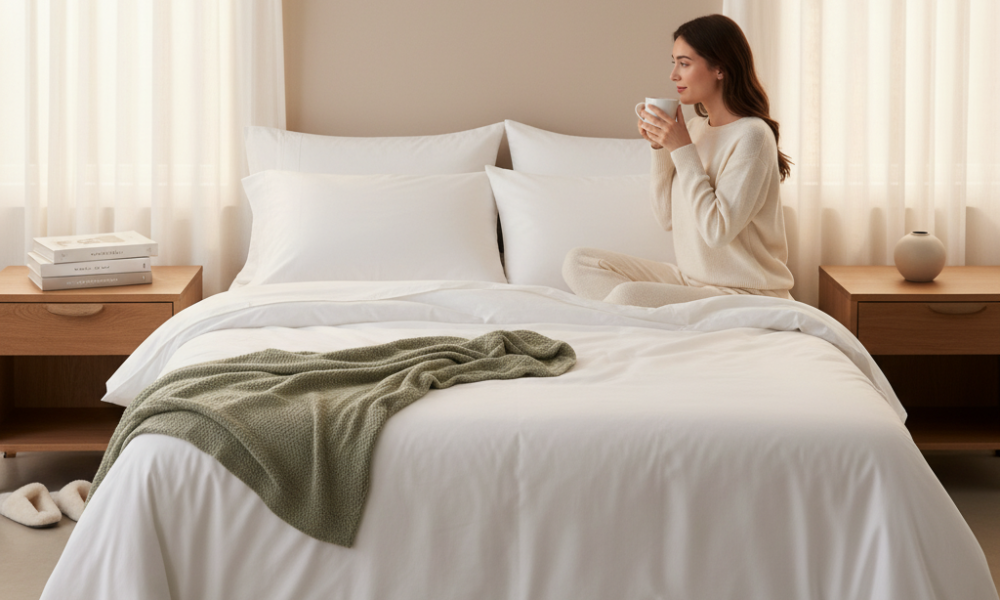 “Bright cozy bedroom with percale vs sateen sheets side by side, woman in loungewear sipping tea on bed with sage throw blanket and warm morning light.”