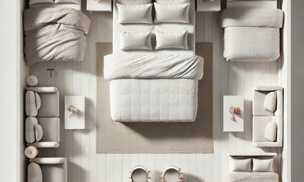 Bedroom layout showing standard queen size bed dimensions in context.