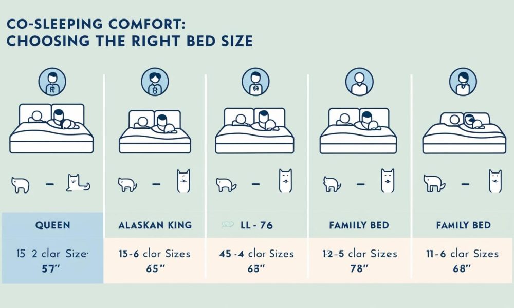 A simple bed size comparison chart illustrating Queen, King, California King, and Family Bed dimensions, helping families pick the right bed size for their space and needs.