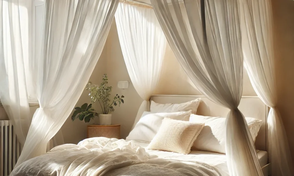 Romantic canopy bed ideas with sheer white curtains in a bright bedroom
