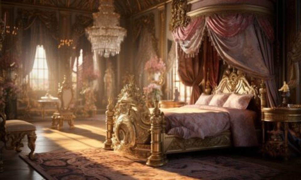 Lavishly decorated royal-style bedroom with an ornate gold canopy bed, rich drapes, chandeliers, and elegant classical furnishings, highlighting the regal charm of canopy beds