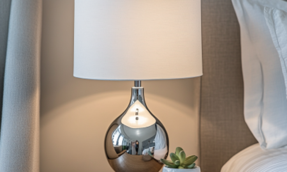 Minimalist side table lamp with a metallic base and white fabric shade.