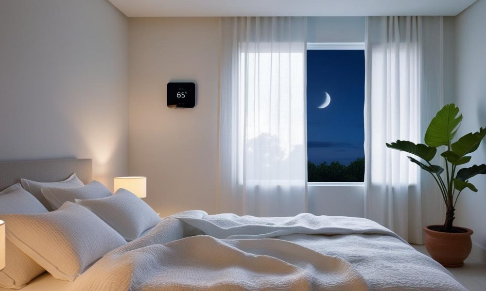 Sunset-lit room with airflow elements supporting natural sleep temperature regulation.